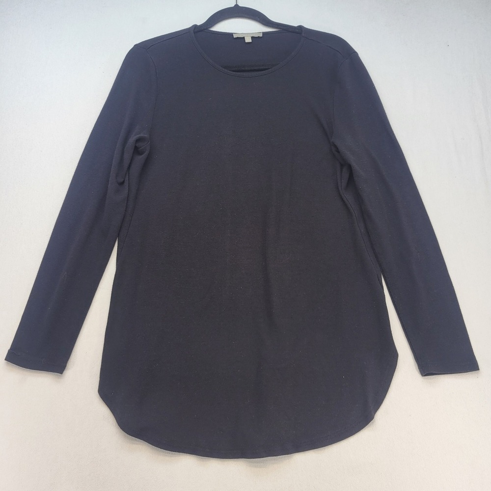 Joan Vass Tunic Top Women Large Black Relaxed Long Sleeve Curved Hem Shirt